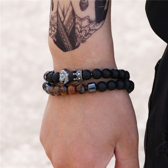 men black iron stone tiger eye stone black frosted stone bracelets - Picture 2 of 4